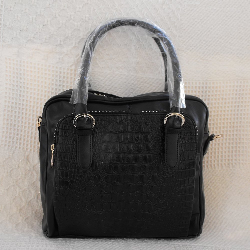 FRANKSTON HANDBAG, BLACK LEATHER, FAUX CROC, 12"